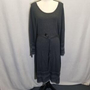 Dressbarn 18/20W Sweater Dress Gray Knit Belted Midi Fair isle Hem Cabin Cozy
